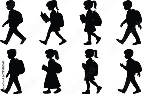 Black Silhouette Vector Set of Primary School Children Walking with Backpacks and Books, Depicting Education, Learning, and the Journey Back to School Concept.
