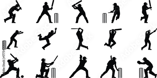 Cricket Player Silhouettes Vector Set, Batsmen, Bowlers, and Wicketkeeper Actions, Sport Graphic Icons Collection, Team Game and Competition Design Elements.