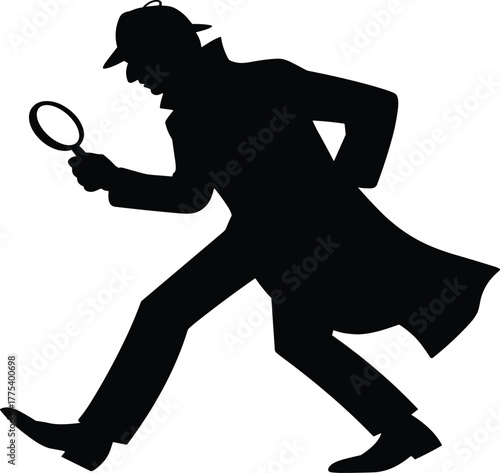 Walking detective silhouette with magnifying glass, mysterious private investigator search, solving crime, finding clue, business intelligence, legal analysis, secret agent figure.