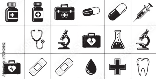 Medical care icons including microscope, pills, first aid kit, plus sign, and blood drop symbols