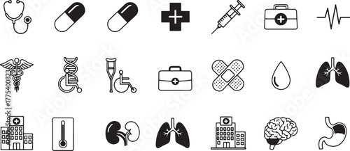 Medical icons display various healthcare tools, body parts, and emergency equipment in a linear style