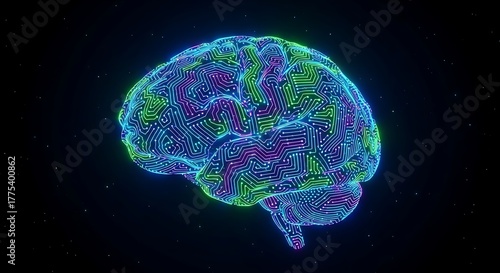Abstract digital brain with glowing neon lines and circuits on black background