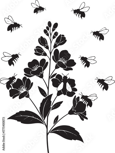 Several bees fly around a blossoming branch with dark flowers against a transparent background