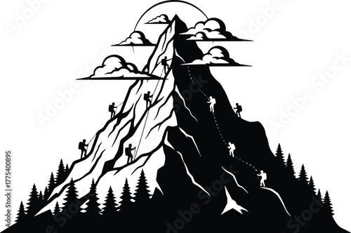 Silhouette design shows many climbers ascend a tall mountain below clouds and a sun