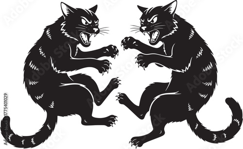 Two ferocious black cats are facing each other, ready to fight each other
