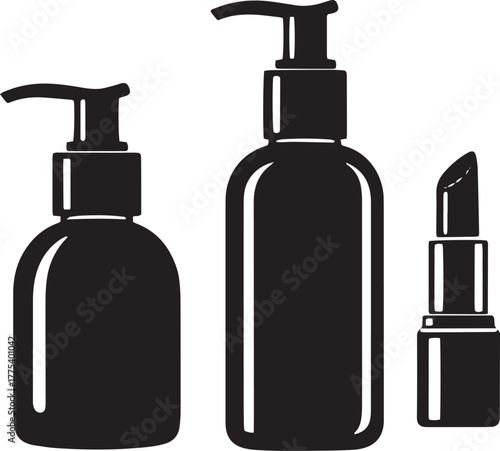 Two bottles with pump dispensers stand beside lipstick tube in black silhouette