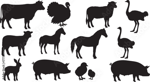 Various animal silhouette collection presents farm favorites from horse and turkey to rabbit and ostrich