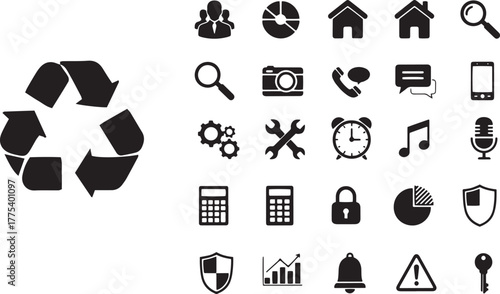 Various essential black web icons appear on a transparent background, offering many helpful symbols
