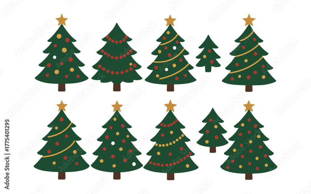 Obraz premium Festive evergreen trees with ornaments and stars on beige background
