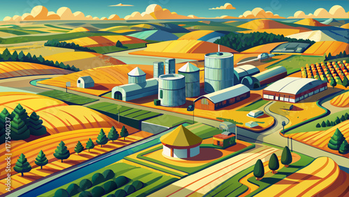 Very beautiful aerial view of agricultural fields and grain storage facilities in Kansas, USA, showcasing vast farmlands, golden crops, and the organized geometry of rural agricultural landscapes.