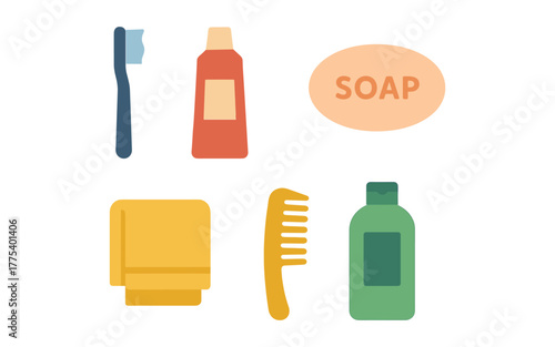 Essential bathroom items: soap, toothbrush, comb, towel, and shampoo in flat design