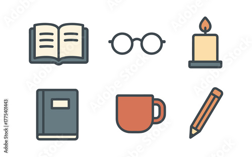 Cozy study essentials: book, mug, candle, and glasses in linear art style
