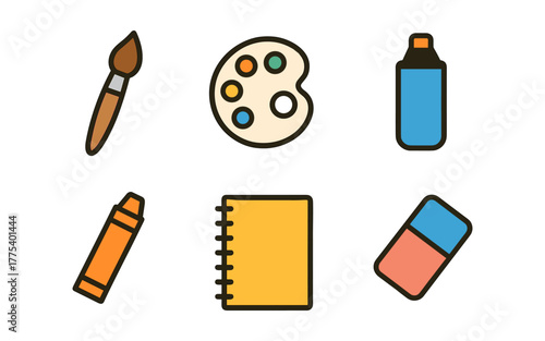 Art tools collection: colorful icons of brush, palette, paint, crayon, notebook, eraser