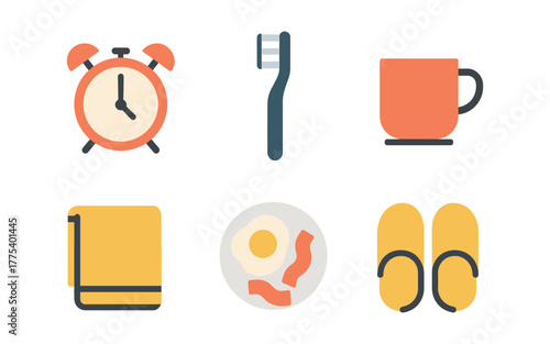 Flat design morning routine icons: alarm, toothbrush, coffee, towel, breakfast, slippers