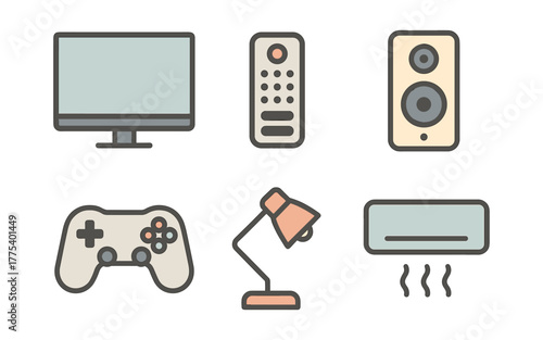 Retro flat style electronics set with tv, remote, speaker, game controller, lamp, and air conditioner