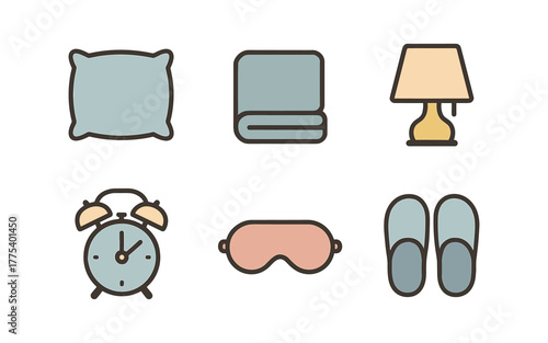 Cozy night essentials: pillow, blanket, lamp, alarm clock, sleep mask, slippers