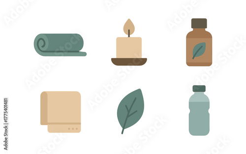 Minimalist wellness icons: yoga mat, candle, bottle, essential oils, leaf, and towel in soft pastels