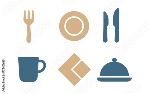 Flat minimalist kitchen utensils and tableware icons set