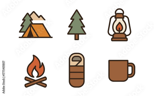 Camping adventure icons: tent, lantern, campfire, sleeping bag, tree, mug in line art style