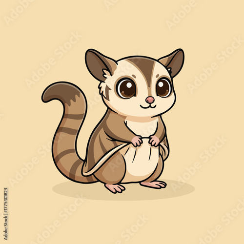 Cute cartoon sugar glider standing with a friendly expression, showing its gliding membrane. Adorable flying marsupial illustration perfect for kids books, posters, stickers, nursery decor, and educat