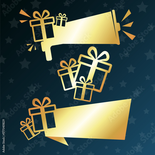 Golden banners for Christmas sales, megaphone and gifts design