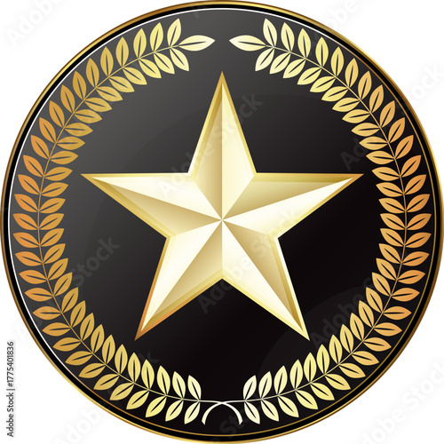 Gold five-pointed star in a black circle with a laurel wreath