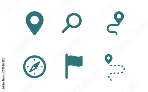 Navigation and exploration icons set featuring map locations and compass