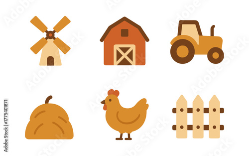 Farm elements collection: windmill, barn, tractor, haystack, chicken, fence
