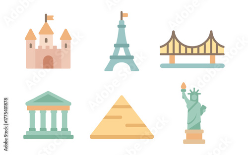 Minimalist world landmarks icons featuring famous structures