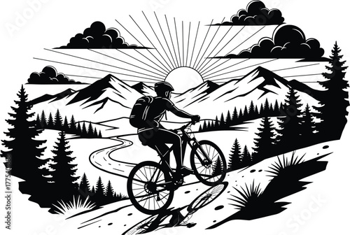 Silhouette of a mountain biker riding uphill at sunrise mountain biking, cyclist, cyclist, silhouette, trail, uphill, pine, sunrise, summer, spring, activity, helmet, path, white, backpack, mountains,