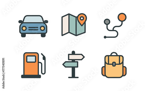 Travel icons set featuring car, map, route, fuel pump, signpost, backpack in flat style
