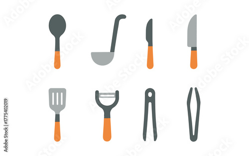 Flat style kitchen utensils with orange handles