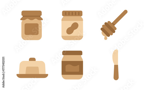 Flat style breakfast icons featuring jars and utensils in warm tones
