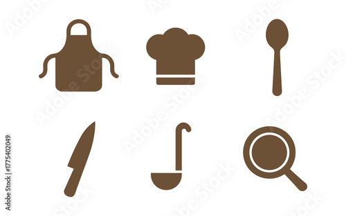 Culinary icons set: simple brown cooking tools and utensils