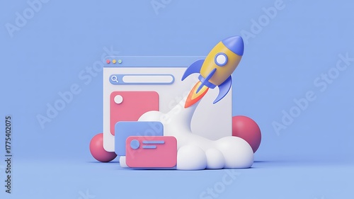 3D cartoon rocket launching from browser window with abstract shapes and smoke startup 3D Business App Icon with Modern Digital Interface
