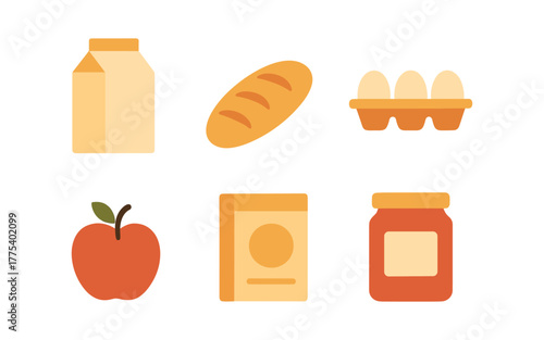 Minimalist grocery icons: milk, bread, eggs, apple, cereal, jam