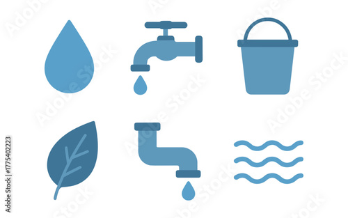 Water conservation icons set in minimalist design featuring drops, taps, and buckets
