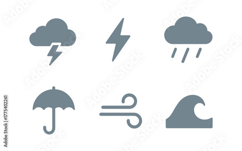 Minimalist weather icons: lightning, rain, umbrella, wind, and wave symbols in simple design