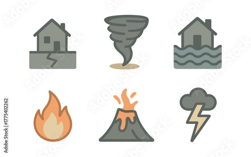 Natural disaster icons: flood, earthquake, tornado, fire, volcano, storm in flat design