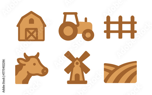 Rustic farm icons set with tractor, barn, and windmill in minimalist style