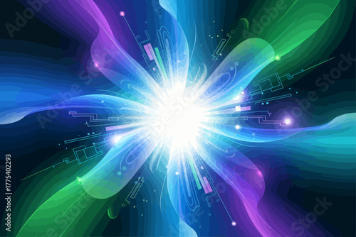 Abstract light burst with blue green and purple hues radiating from a central point of brilliant white light creating a sense of energy and innovation