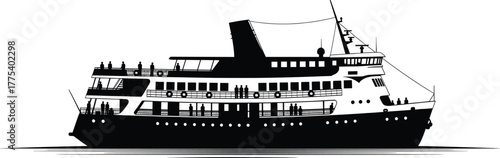 Silhouette of a multi-deck ferry boat with people on deck, ferry, boat, ship, watercraft, vessel, transportation, travel, passengers, people, deck, multi-deck, silhouette, black and white, illustratio