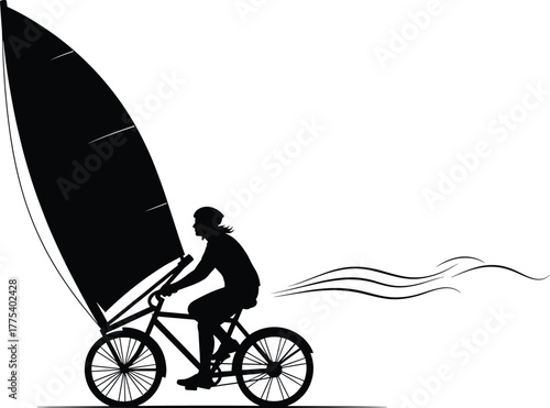Silhouette of person windsurfing on a bicycle with sail, windsurfing, bicycle, bike, sail, silhouette, person, man, woman, sport, recreation, activity, movement, speed, wind, water sport, extreme spor