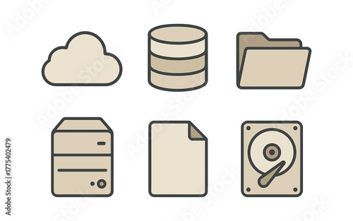 Minimalist tech icons featuring cloud, database, and file storage in neutral tones
