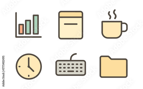 Minimalist office icon set featuring coffee, clock, and graph