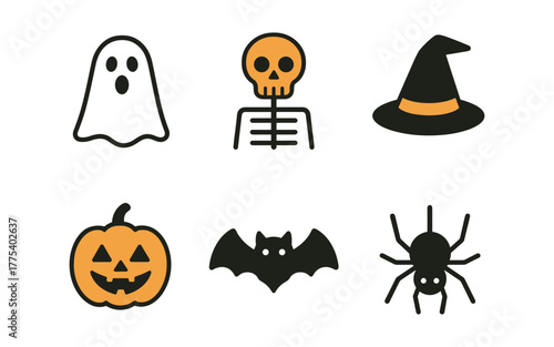 Halloween icon set featuring ghost, skeleton, witch hat, pumpkin, bat, and spider