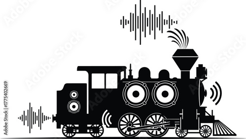 Sound Wave Train with Speakers train, steam, engine, locomotive, sound, music, audio, silhouette, keywords:, description:, audio, from, vibration, rhythm, retro, train, white, vintage, wave, noise, gr