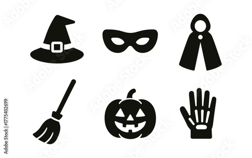Halloween silhouettes: witch hat, mask, cape, broom, pumpkin, skeleton hand