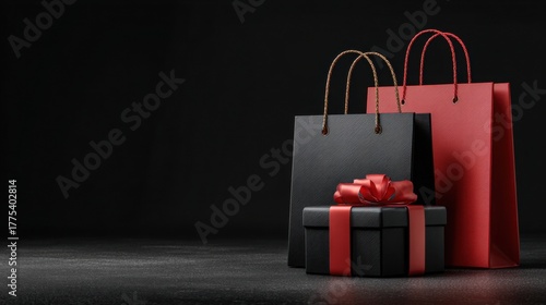 a black and red gift bag with a red bow
