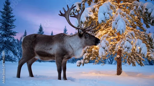 Reindeer Standing Near Illuminated Tree in Winter Wonderland Snowy Landscape at Twilight, Reindeer's Antlers Stand Tall, White Snow Covers the Ground